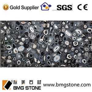 Backlit Semiprecious Stone Black Agate Slab Panel