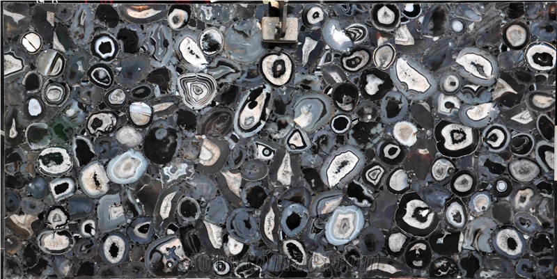 Backlit Semiprecious Stone Black Agate Slab Panel