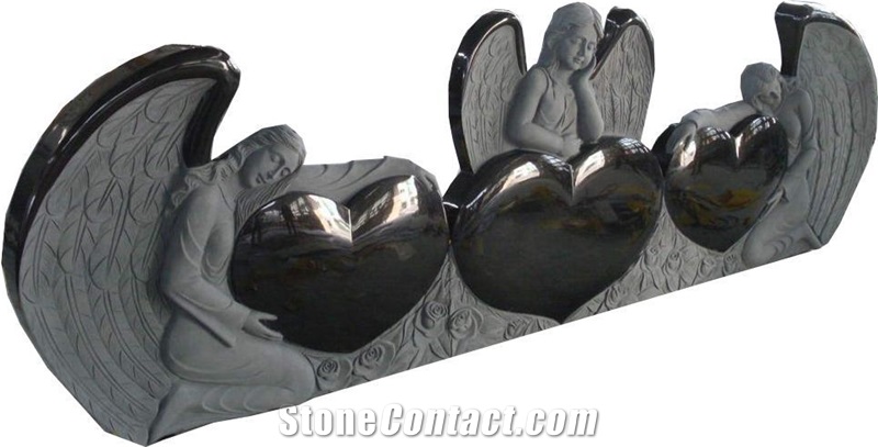 Angel Double Heart Carving Black Granite Stone Memorial Angel Heart Tombstone Angel Monument