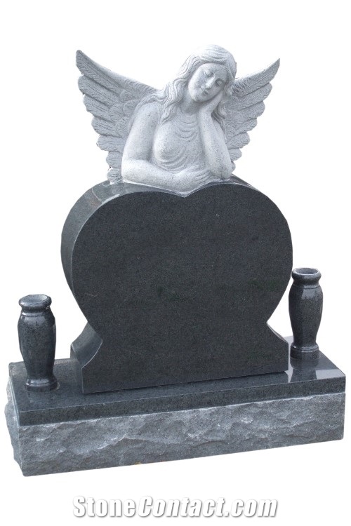 Angel Double Heart Carving Black Granite Stone Memorial Angel Heart Tombstone Angel Monument