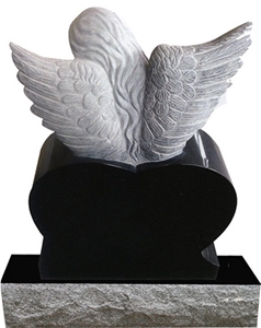 Angel Double Heart Carving Black Granite Stone Memorial Angel Heart Tombstone Angel Monument