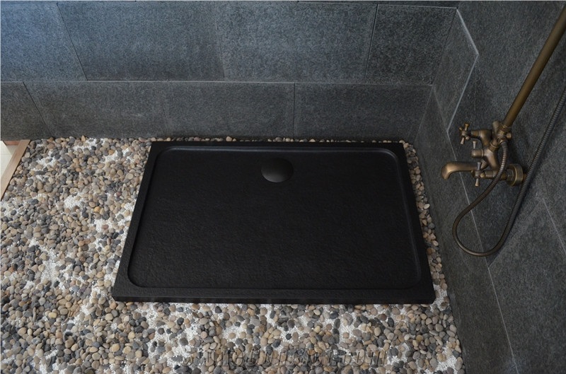 China Black Basalt Granite Mongolian Black Polished Shower Tray Shower Base Shower Stand