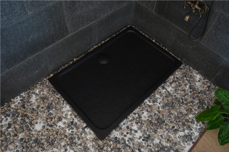 China Black Basalt Granite Mongolian Black Polished Shower Tray Shower Base Shower Stand
