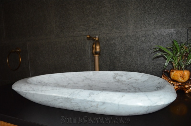 Italian Italy White Marble Bianco Carrara White Polished Wash Basin Wash Bowl Bathroom Sink