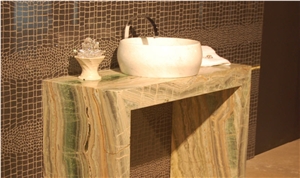Onice Verde Smeraldo Onyx Custom Design Vanity Top with Vessel Wash Basin, Green Onyx Bathroom Vanity Tops