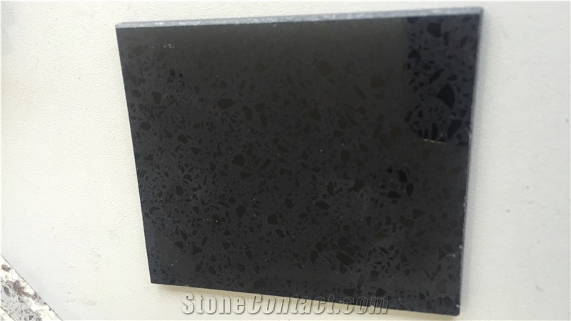 Black Big Granule Quartz Slab with Mirror Effect