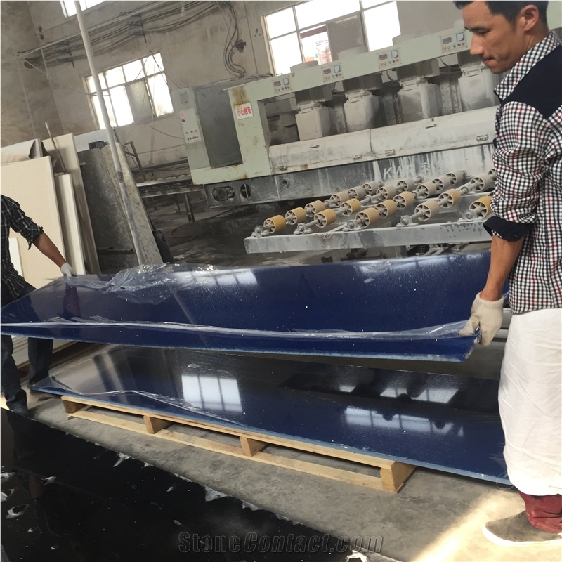 Blue Big Granule Quartz Slab with Mirror Effect
