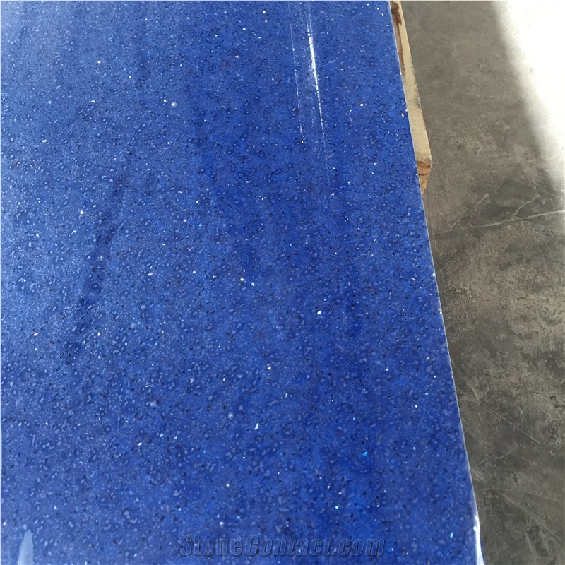 Blue Big Granule Quartz Slab with Mirror Effect