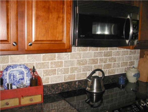 Kitchen Design, Granite Countertops, Tumbled Limestone Backspalshes