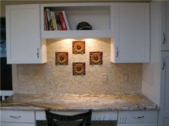 Kitchen Design, Granite Countertops, Tumbled Limestone Backspalshes