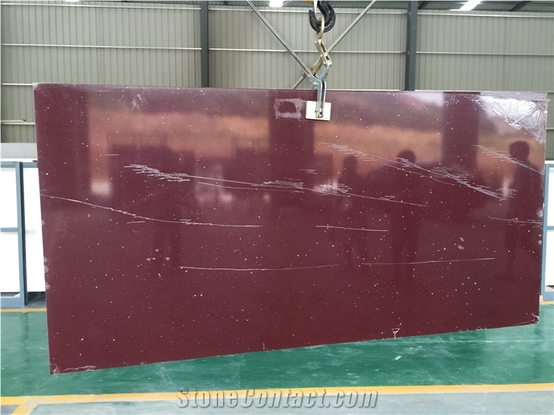 Crystal Dark Red Quartz Stone Slab Tile Engineered Stone