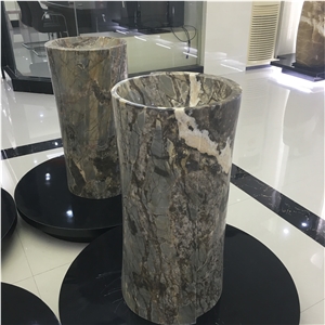 Modern Design Hotel Sink One Piece Dark Brown Marble Round Pedestal Basin