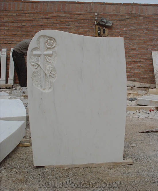 Simple Design Hand Carved Cross Tombstone White Marble Headstone