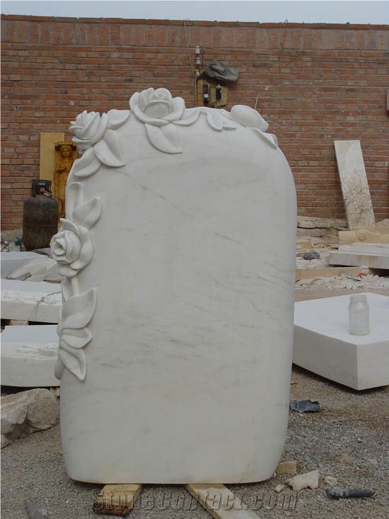 White Marble Hand Carved Flower Headstone