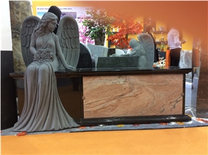 Black Granite Sitting Angel Tombstone Bench Monument