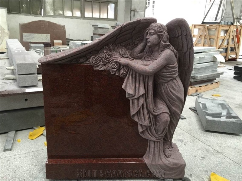 Custom Indian Red Carved Angel Statue Headstone /Tombstone