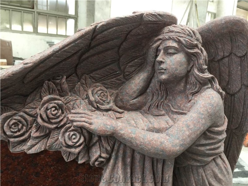 Custom Indian Red Carved Angel Statue Headstone /Tombstone