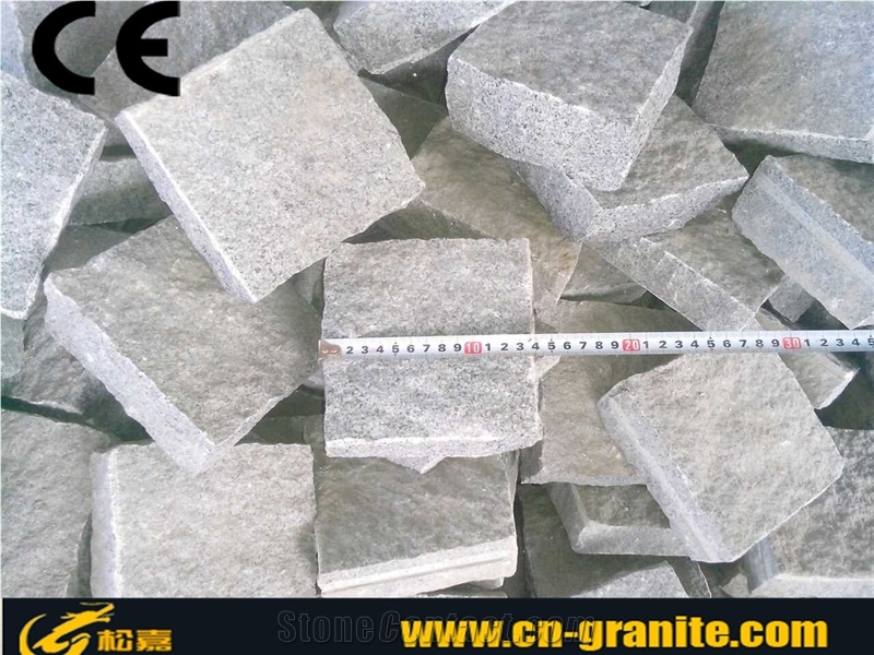China Natural Split Dark Grey Cobble Stone,China Grey Granite G654 Cubestone 5cm Thick Landscape Paver Stone