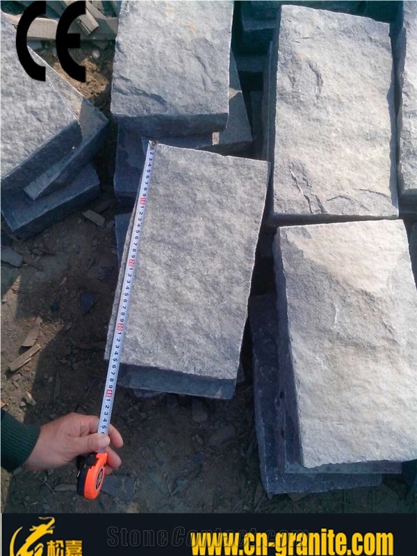 China Natural Split Dark Grey Cobble Stone,China Grey Granite G654 Cubestone 5cm Thick Landscape Paver Stone