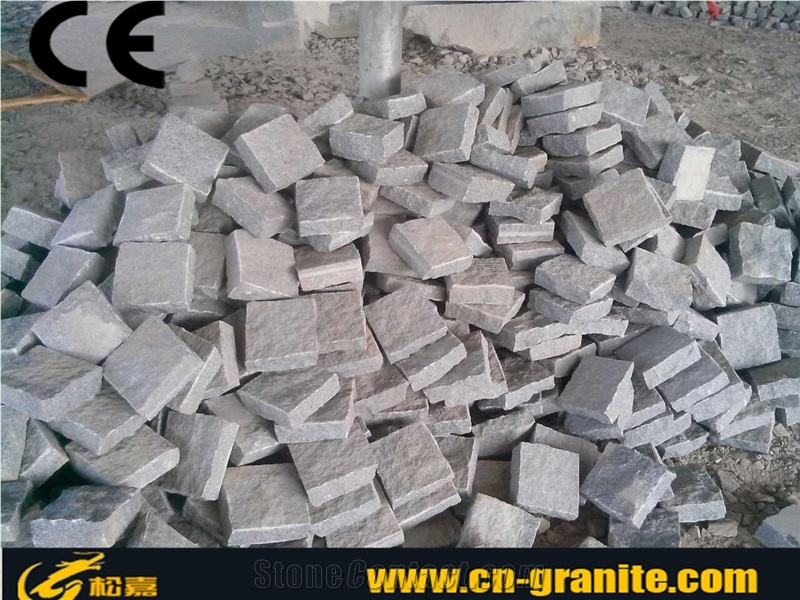 China Natural Split Dark Grey Cobble Stone,China Grey Granite G654 Cubestone 5cm Thick Landscape Paver Stone