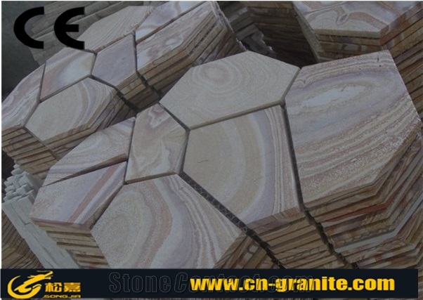 Multicolor Rainbow Sandstone Flagstone Stone,China Flagstone Walkway Pavers Flagstone with Mesh Backing Outdoor Flagstone