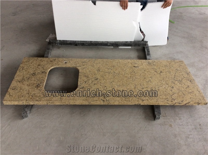 Artificial Yellow Quartz Countertops, Artificial Quartz Kitchen Top, Quartz Solid Surface Kitchen Tops