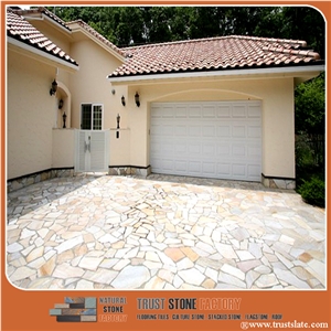 Golden Beige Color Random Flagstone Walkway Paving Stone, Random Flagstone Paver Tiles, Irregular Flagstone Road Paving, Random Flagstone Courtyard Pavers