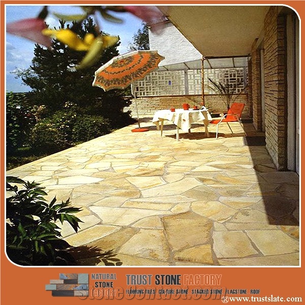 Golden Quartzite Random Flagstone Patio Tiles, Irregular Flagstone Walkway Pavers, Random Flagstone Courtyard Road