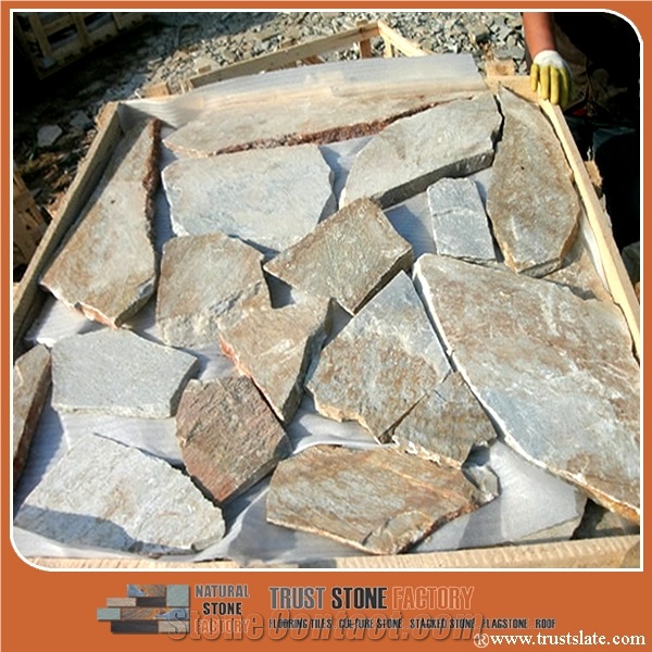 Golden Quartzite Random Flagstone Patio Tiles, Irregular Flagstone Walkway Pavers, Random Flagstone Courtyard Road