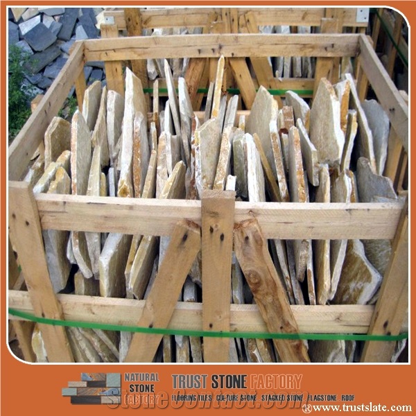 Golden Quartzite Random Flagstone Wall Covering, Irregular Flagston Wall Cladding, Irregular Flagstone Courtyard Paver