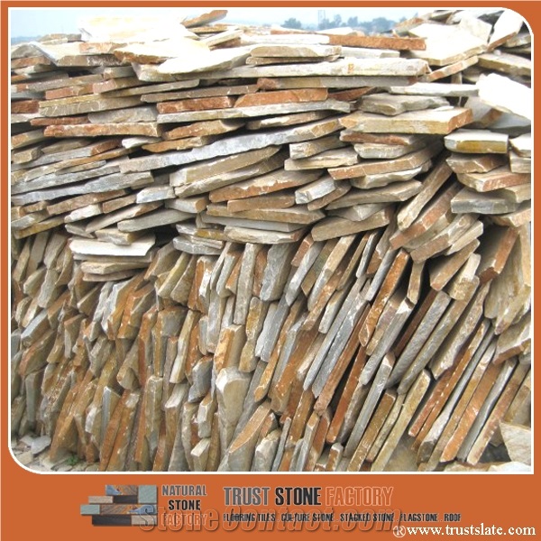 Golden Quartzite Random Flagstones Wall Decorate, Golden Color Irregular Flagstones Courtyard Wall Cover