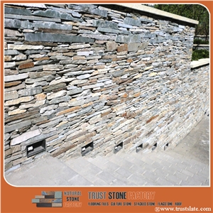 Golden Quartzite Random Flagstones Wall Decorate, Golden Color Irregular Flagstones Courtyard Wall Cover