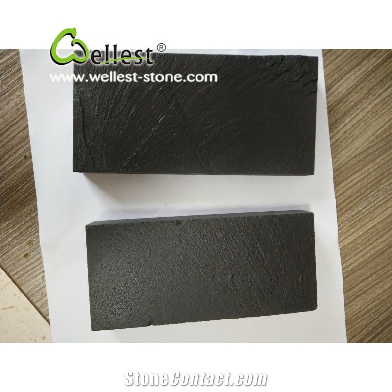 Dark Black Brazilian Riven Slate Fireplace Hearth