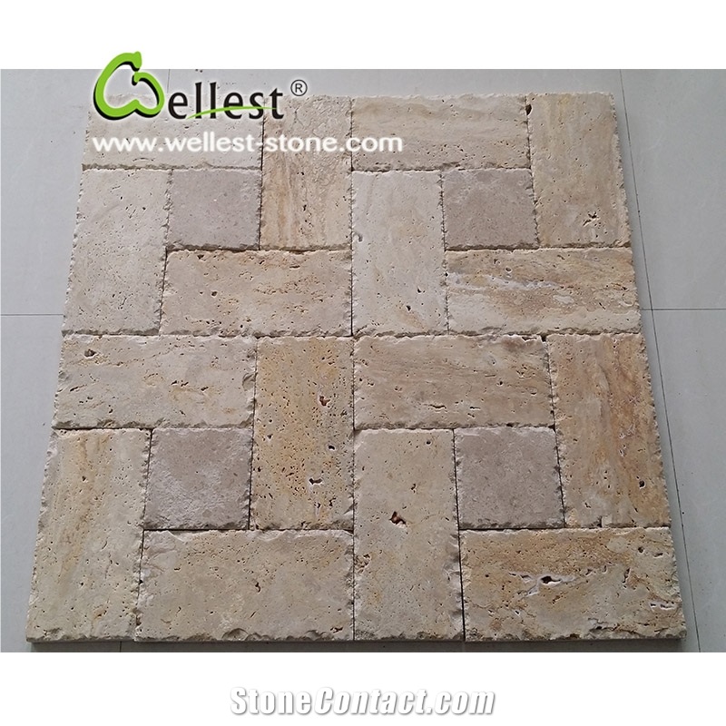 Light Travertine Tumbled Pattern Tiles, Pavers, Beige Travetine French Pattern Stone, Paving Sets, Floor Covering