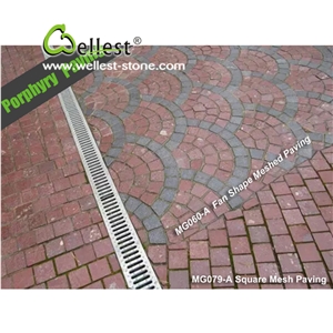 Natural Tumbled Paving on Mesh, Chinese Red Porphyry Exterior Paving Pattern Cobble Stone for Courtyard/Driveway/Garden Stepping/Walkway, China Porphyry Red Granite Cobble Stone