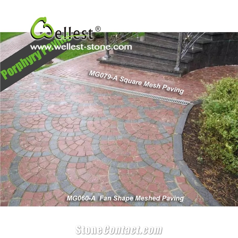 Natural Tumbled Paving on Mesh, Chinese Red Porphyry Exterior Paving Pattern Cobble Stone for Courtyard/Driveway/Garden Stepping/Walkway, China Porphyry Red Granite Cobble Stone
