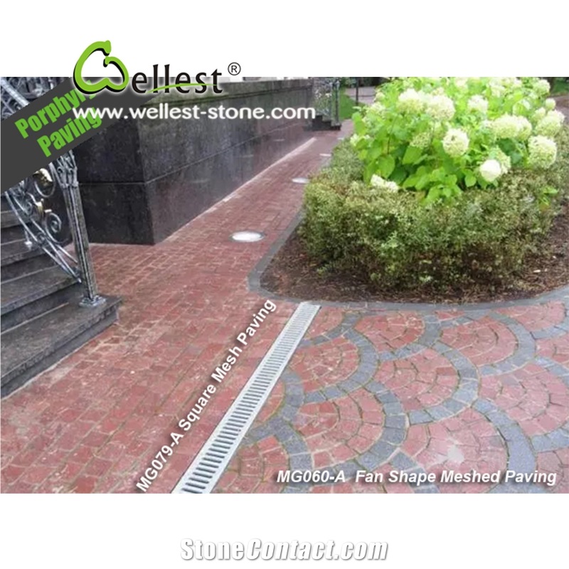 Natural Tumbled Paving on Mesh, Chinese Red Porphyry Exterior Paving Pattern Cobble Stone for Courtyard/Driveway/Garden Stepping/Walkway, China Porphyry Red Granite Cobble Stone