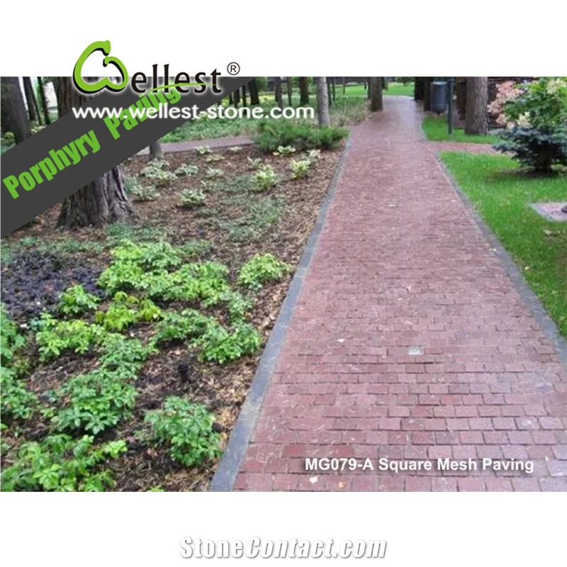 Natural Tumbled Paving on Mesh, Chinese Red Porphyry Exterior Paving Pattern Cobble Stone for Courtyard/Driveway/Garden Stepping/Walkway, China Porphyry Red Granite Cobble Stone