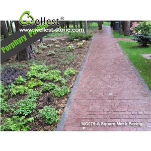 Natural Tumbled Paving on Mesh, Chinese Red Porphyry Exterior Paving Pattern Cobble Stone for Courtyard/Driveway/Garden Stepping/Walkway, China Porphyry Red Granite Cobble Stone