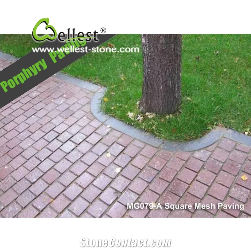 Natural Tumbled Paving on Mesh, Chinese Red Porphyry Exterior Paving Pattern Cobble Stone for Courtyard/Driveway/Garden Stepping/Walkway, China Porphyry Red Granite Cobble Stone