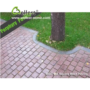 Natural Tumbled Paving on Mesh, Chinese Red Porphyry Exterior Paving Pattern Cobble Stone for Courtyard/Driveway/Garden Stepping/Walkway, China Porphyry Red Granite Cobble Stone
