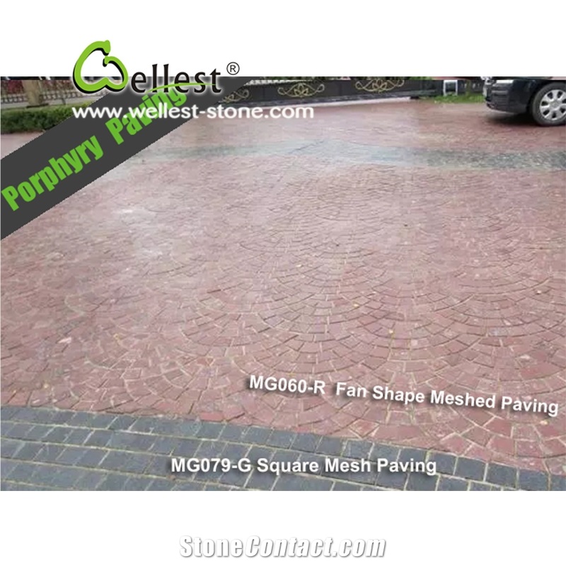 Natural Tumbled Paving on Mesh, Chinese Red Porphyry Exterior Paving Pattern Cobble Stone for Courtyard/Driveway/Garden Stepping/Walkway, China Porphyry Red Granite Cobble Stone
