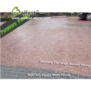 Natural Tumbled Paving on Mesh, Chinese Red Porphyry Exterior Paving Pattern Cobble Stone for Courtyard/Driveway/Garden Stepping/Walkway, China Porphyry Red Granite Cobble Stone