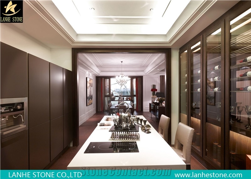 Carrara White Veined Quartz Stone Surfaces Kitchen Countertops with High Gloss and Hardness