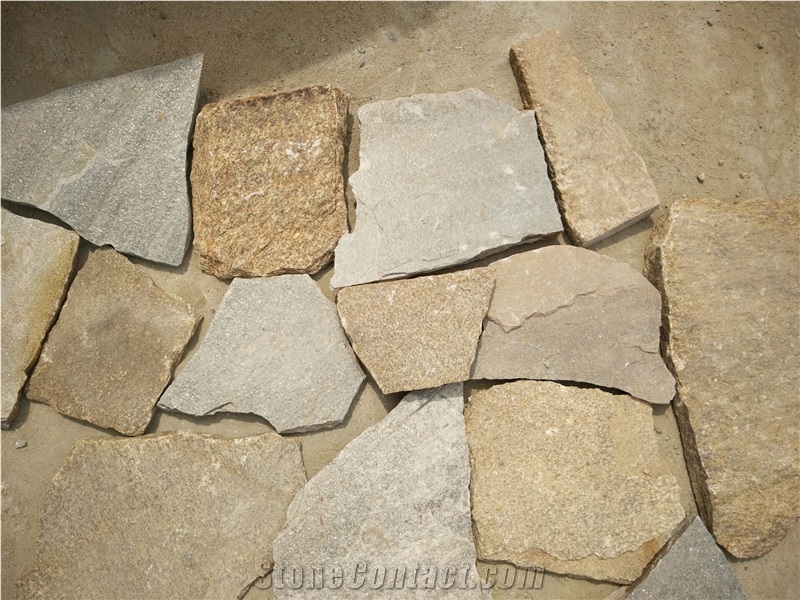 Fargo Yellow Quartzite Irregular Flagstone, China Multicolor Quartzite Random Wall Cladding Pieces, China Quartzite Random Shape Flagstone Road Paving