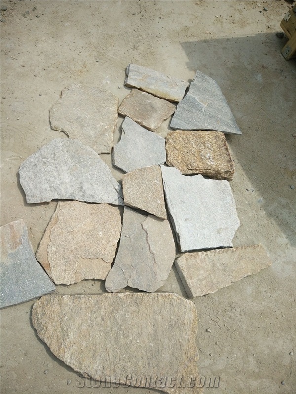Fargo Yellow Quartzite Irregular Flagstone, China Multicolor Quartzite Random Wall Cladding Pieces, China Quartzite Random Shape Flagstone Road Paving