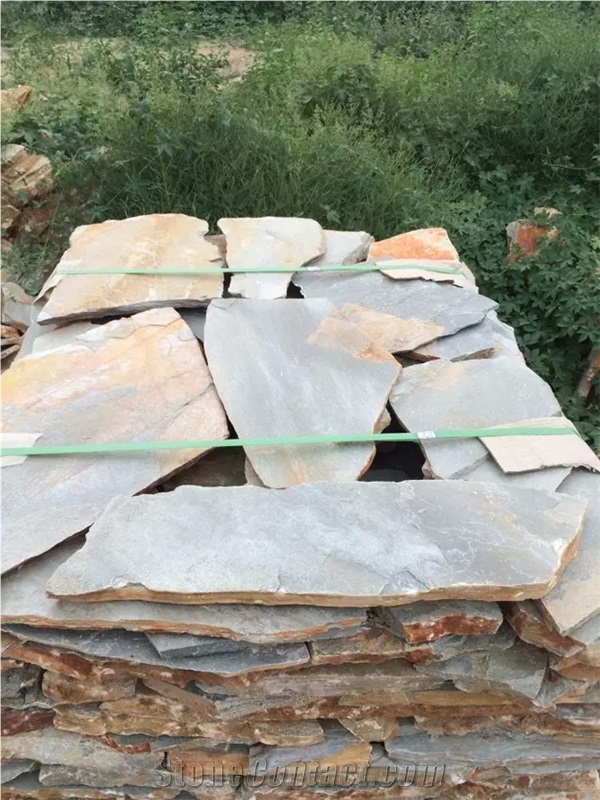Fargo Yellow Slate Random Flagstones, China Golden Slate Loose Irregular Wall Cladding, Yellow Slate Flagstones for Walkway Pavers/Road Paving