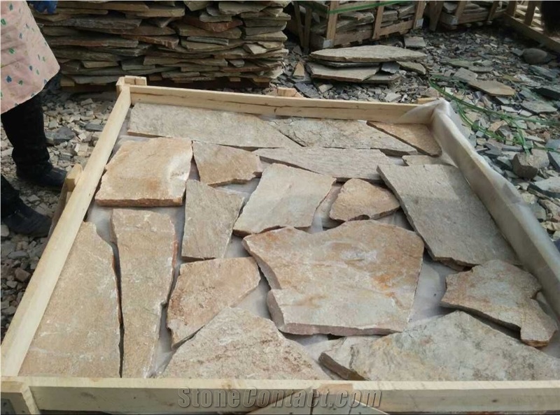 Fargo Yellow Slate Random Shape Flagstones, China Yellow Slate/014 Irregular Flagstone for Walling/Road Paving