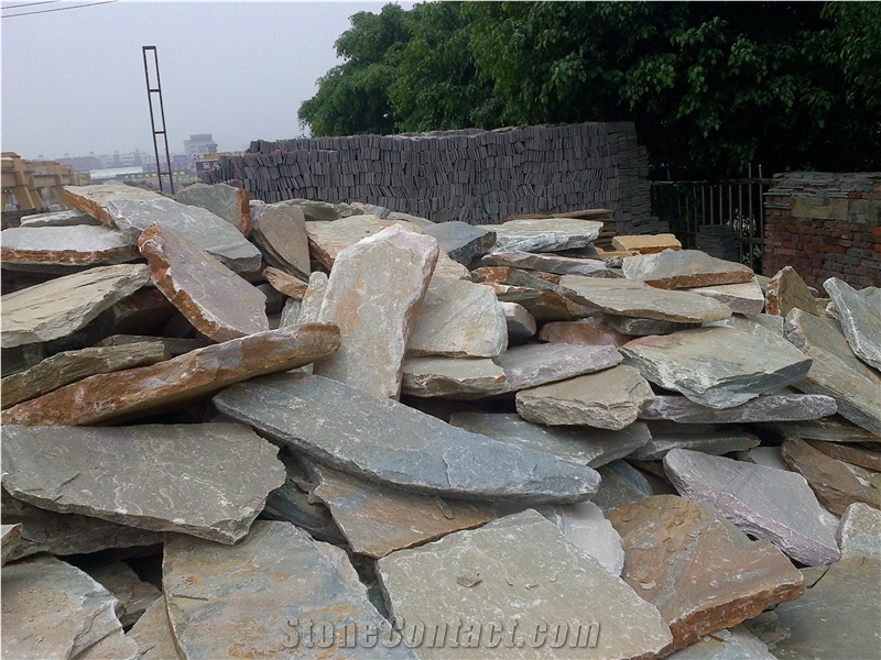 Fargo Yellow Slate Random Shape Flagstones, China Yellow Slate/014 Irregular Flagstone for Walling/Road Paving