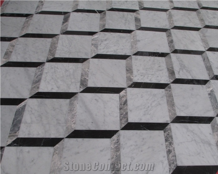 3d Marble Wall and Floor Tiles, Bianco Carrara White Marble 3d Waterjet Medallions Pattern for Flooring
